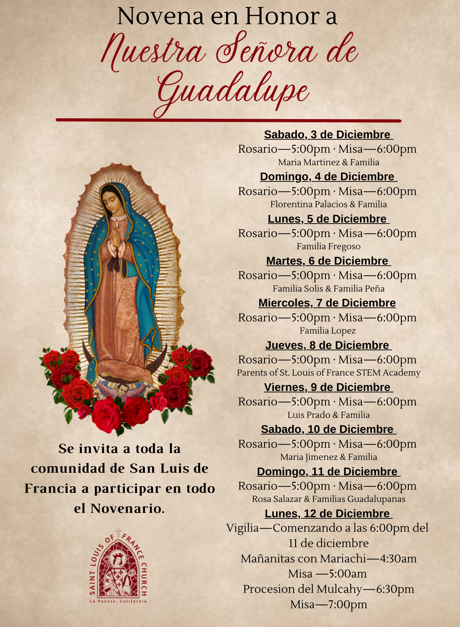 Calendar St. Louis of France Catholic Church La Puente, CA